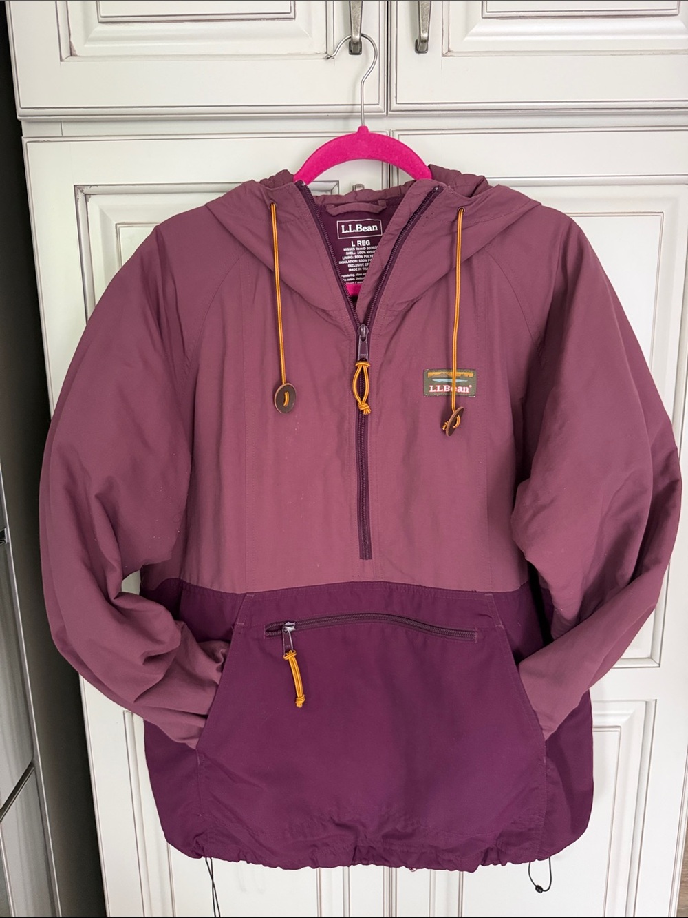 L.L.Bean Two-Tone Plum Hooded Anorak with Gold Drawcords Size Large Reg. EUC
